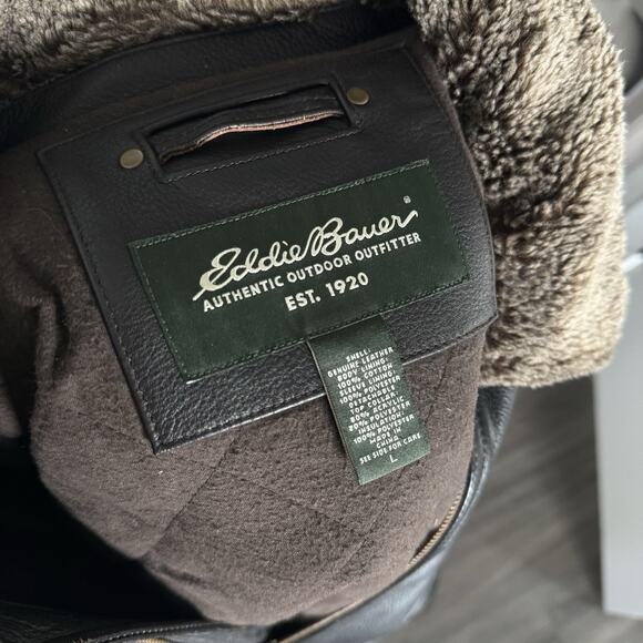 Eddie Bauer Leather Sherpa Collar Insulated Quilt Lined Zip Up Bomber Jacket L - Picture 5 of 6